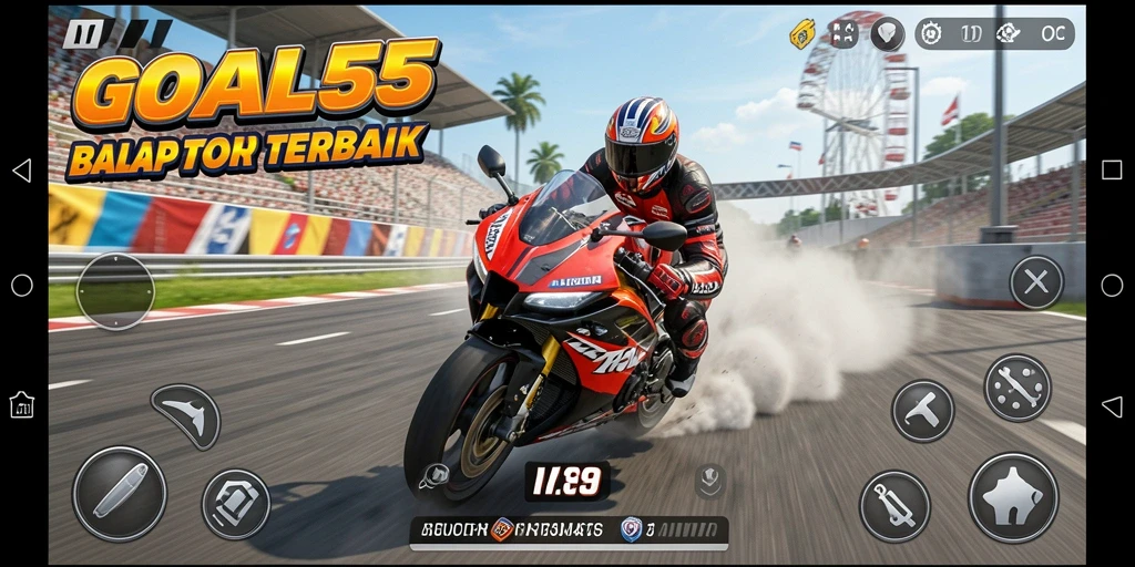 Screenshot menampilkan aksi balap motor yang mendebarkan di GOAL55.